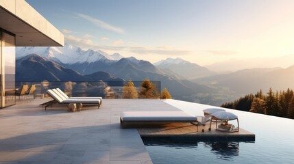 Scene of a modern villa with a rooftop terrace overlooking majestic mountain ranges, providing a stunning alpine panorama
