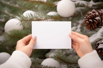 Closeup of woman's hand holding blank paper card, Greeting card mock-up scene, Chritsmas winter design