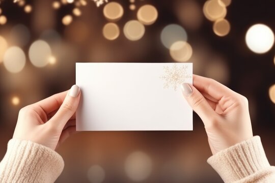Closeup of woman's hand holding blank paper card, Greeting card mock-up scene, Chritsmas winter design