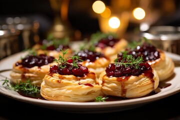 A plate of savory puff pastry appetizers, generously filled with tart cranberry compote - obrazy, fototapety, plakaty