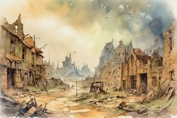 Watercolor illustration of a city destroyed in war. Generative AI