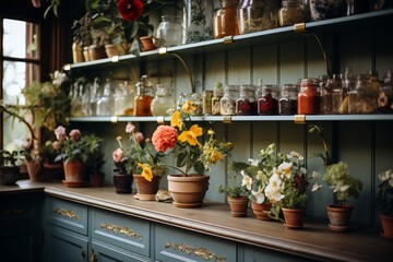 cozy country style kitchen with floral wallpaper and open shelving