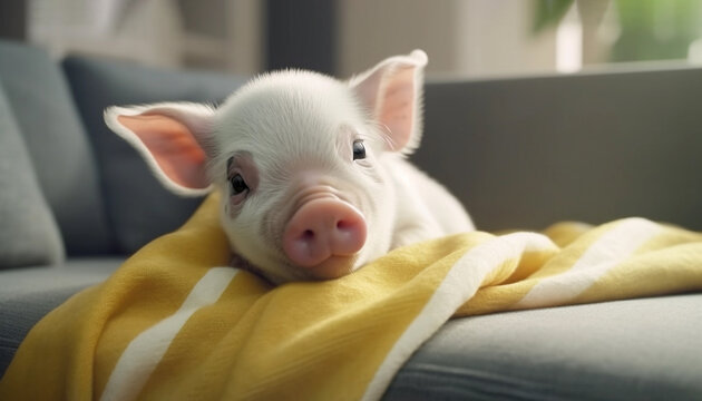 Cute Guinea Mini Pig, Little Pet Lying On Sofa under Blanket In Living Room. Taking Care Of Exotic Piglet. Happy Animal. AI Generated. Horizontal Plane Copy Space.