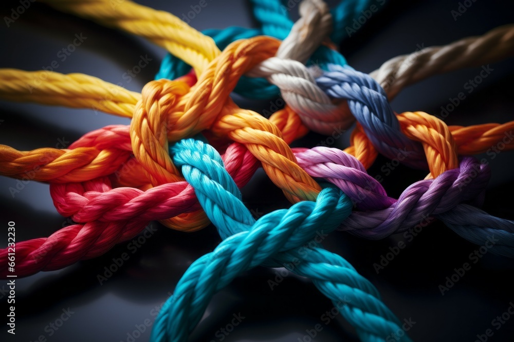Poster different ropes are woven into a knot. teamwork concept. background with selective focus and copy sp