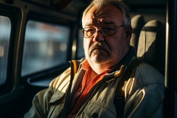 A man on public transport. Portrait with selective focus and copy space
