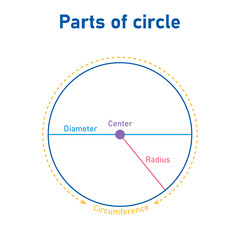 Parts of circle. Circles for kids. Radius, Diameter, Circumference and circle. Mathematics resources for teachers and students.
