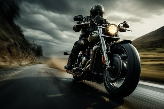 A motorcyclist races at speed on a motorcycle. Background with selective focus and copy space © top images