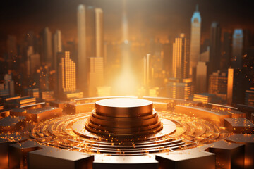 Gold circular pedestal or podium luxury and city, building, skyscraper in the sun. Yellow-orange sunset light and shining light. low polygon model. copy space. Depth of field blurred background.