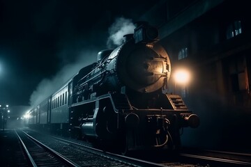 Obraz premium A locomotive train moving through dark night, emitting smoke and steam. Generative AI