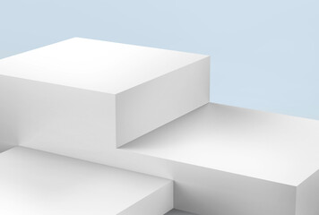 Isometric minimalistic view of podium with 3D empty shelf for product presentation.