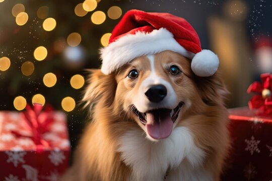 Dog in Christmas Living Room, New Year's Greeting Card
