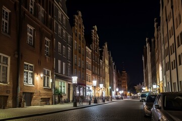 Fototapeta na wymiar Nighttime street in historic Gdansk. Generative AI