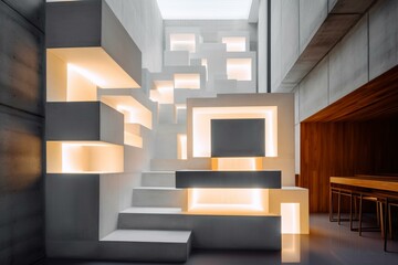 Abstract architecture with concrete and wood interior featuring white cubes and neon lighting. Generative AI