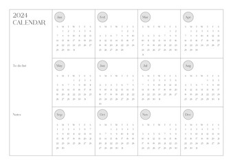A simple and minimalist style annual template with a 2024 year 12 month calendar. Note, scheduler, diary, calendar, planner design template illustration.
