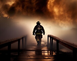 Brave Firefighter Crossing Bridge in Mysterious Fog with Blazing Fire and Dramatic Sky in Photorealistic Art