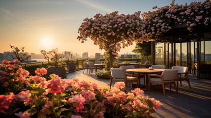 Rooftop's view of a blossoming landscape, with vibrant flowers and the gentle breeze, creating a tranquil and fragrant atmosphere - obrazy, fototapety, plakaty