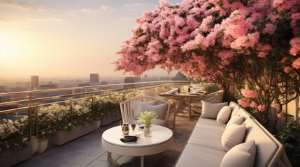 Rooftop's view of a blossoming landscape, with vibrant flowers and the gentle breeze, creating a tranquil and fragrant atmosphere