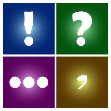 Colorful punctuation mark backgrounds. Question sign, exclamation mark, ellipses, comma. Vector illustration. EPS 10.