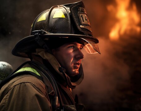 Brave Firefighter Facing the Flames: Tilt Shift Photo of Hero in Helmet Against Bright Light, Smoke Background