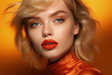 Model with orange makeup apricot crush lipstick and eye shadows
