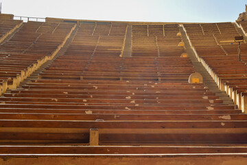 interior view of rows of seats inside the old church of Saint Simon in Egypt
