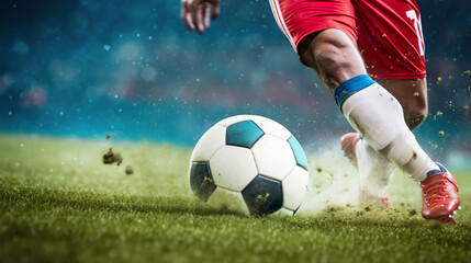 Professional football, soccer player kicking ball, copy space for text