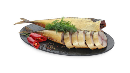 Delicious smoked mackerels with pepper, dill and spices on white background