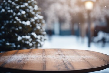 Wood table top on blurred winter forest with sunshine background - obrazy, fototapety, plakaty