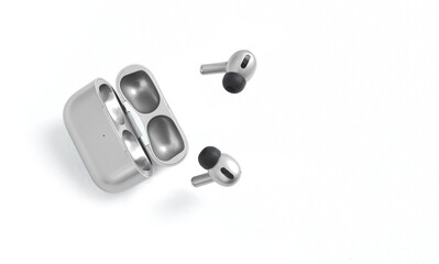 Silver white headphones wireless earphones with case, copy space isolated in white background. Selective focus