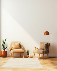 3d living room interior mockup in warm tones with armchair on empty light white wall background