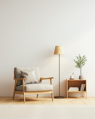 3d living room interior mockup in warm tones with armchair on empty light white wall background - obrazy, fototapety, plakaty