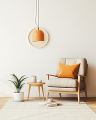 3d living room interior mockup in warm tones with armchair on empty light white wall background