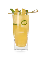 Glass of tasty pineapple cocktail with sliced fruit, mint and chili pepper isolated on white