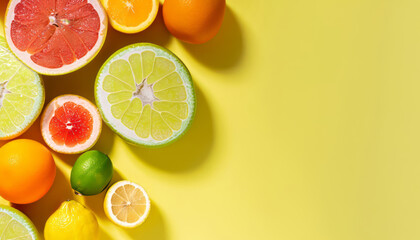 Vibrant top view photo of citrus fruits on a sunny yellow background with copy space