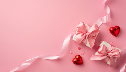 Top view photo of valentine's day decorations curly pink silk ribbon small gift boxes with red hearts with copy space