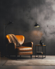 Armchair on empty light black wall background