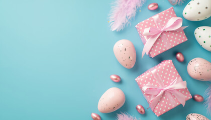 Top view photo of easter eggs and gift boxes with feathers on blue background with copy space