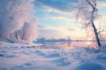 Winter landscape in soft blue and pink colors