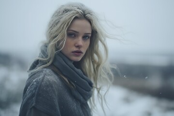 Sad woman on the background of a gray winter landscape