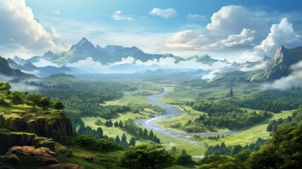 Obraz premium Beautiful view to main valley, river and vegetation in the background game art