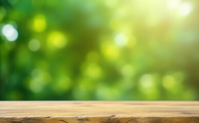 Wood table top on blur green nature bokeh background. Can be used for display or montage your products