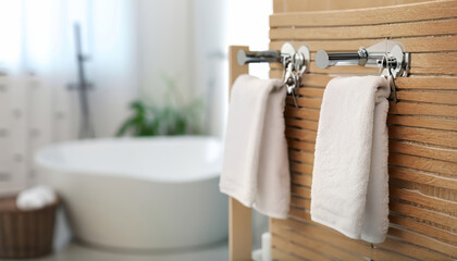 Modern interior of stylish bathroom with towels on hooks, Space for text, blurry background