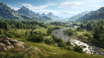 Fototapeta na wymiar Beautiful view to main valley, river and vegetation in the background game art