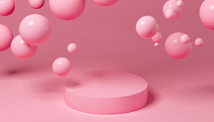 Floating pink spheres and product podium on pink background with empty space