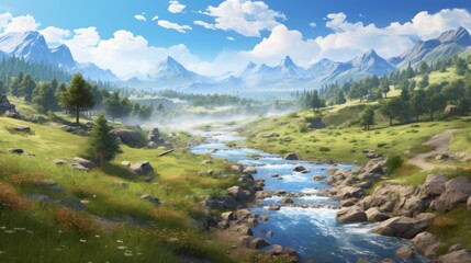 Naklejka na ściany i meble Beautiful view to main valley, river and vegetation in the background game art