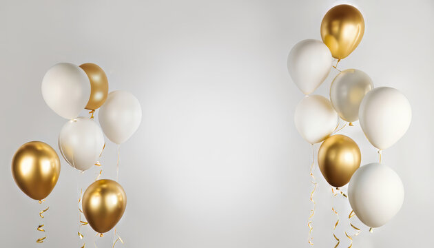 Birthday concept. Gold and white balloons on white background