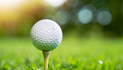 Close-up golf ball on tee with blurry green bokeh background