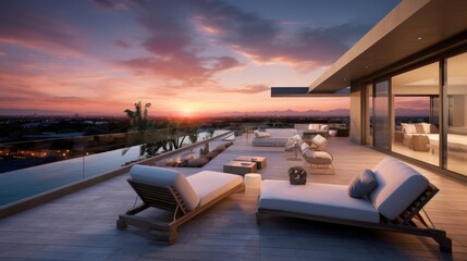 Fototapeta premium Depict the rooftop of a modern villa as the perfect vantage point for witnessing breathtaking sunsets that paint the sky in vibrant hues