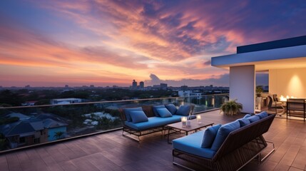 Depict the rooftop of a modern villa as the perfect vantage point for witnessing breathtaking sunsets that paint the sky in vibrant hues - obrazy, fototapety, plakaty