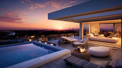 Depict the rooftop of a modern villa as the perfect vantage point for witnessing breathtaking sunsets that paint the sky in vibrant hues - obrazy, fototapety, plakaty